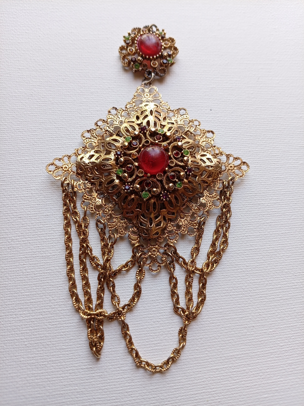 Estate Gold Filigree Pendant  with Red and Green Accents